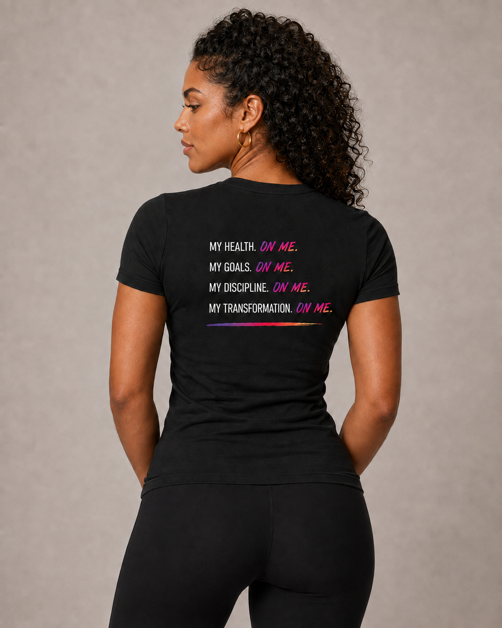 Raya wearing ON ME. Accountability Tee back lifestyle view