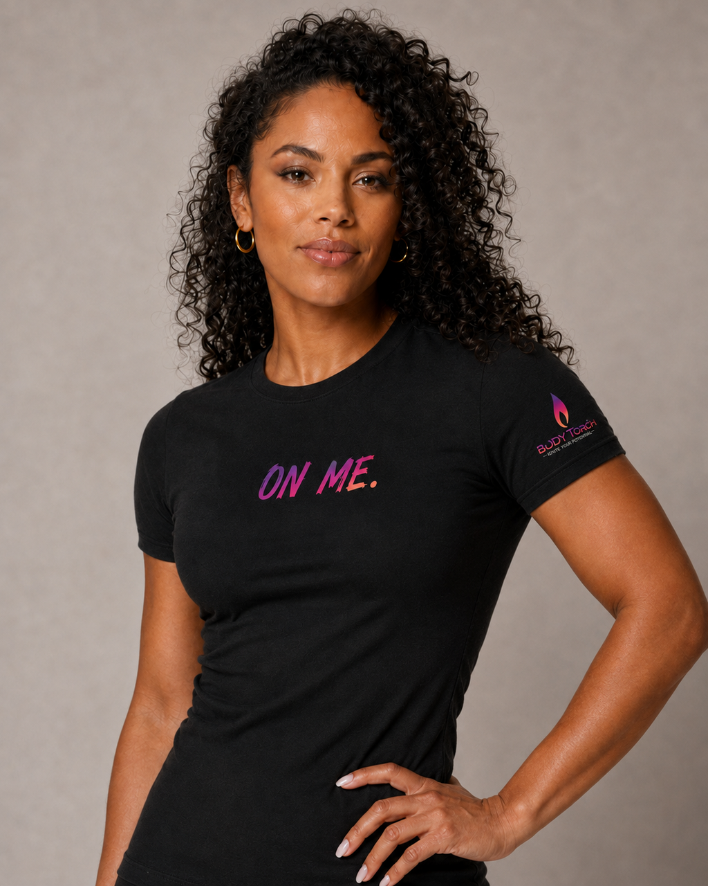 Raya wearing ON ME. Accountability Tee front lifestyle view