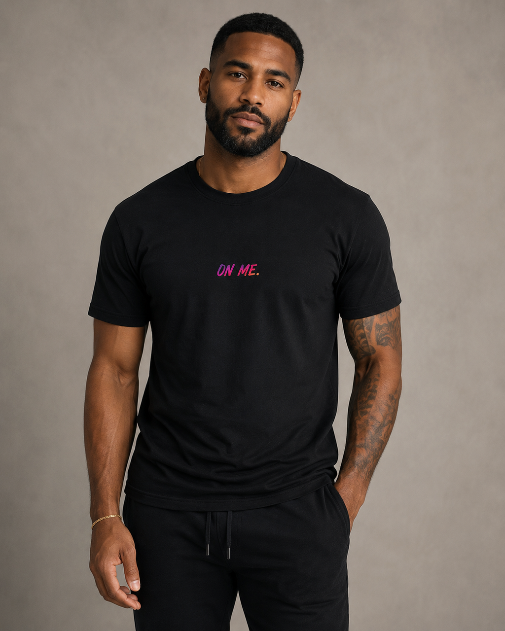 Male model wearing ON ME. Accountability Tee front view